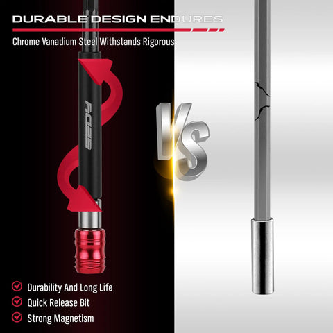 Comparison of two magnetic screwdriver bit holders showing durable design of five piece extra long magnetic screwdriver bit holders set with two inch four inch six inch twelve inch and seventeen inch lengths one quarter inch hex shank quick release extension durable CR V steel universal fit for impact driver bits.