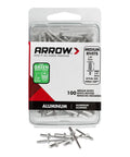 Front view of Medium Aluminum One Eighth Inch Pop Rivets For Metal Fabric Leather And Auto Repair 100 Pack in clear package