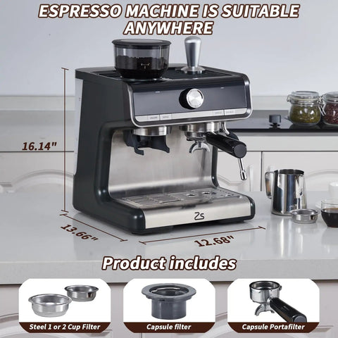 Straight Up Pro Grade 20 Bar Espresso Machine Packs Adjustable Conical Burr Grinder And Reliable Milk Frother Steam Wand, shown on countertop.