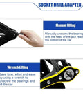 Instructions for using socket drill adapter with scissor jack for lifting cars, showing manual and wrench lifting methods.