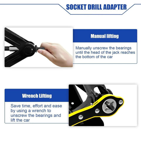 Instructions for using socket drill adapter with scissor jack for lifting cars, showing manual and wrench lifting methods.