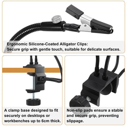 Pro Soldering Helping Hands Third Hand Solder Tool clamp stand details: silicone-coated clip, desk clamp, non-slip pads.