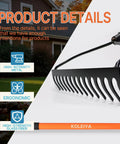 Close-up of Heavy Duty Garden Bow Rake With 14 Tine And 57 Inch Fiberglass Handle featuring steel head and ergonomic design.