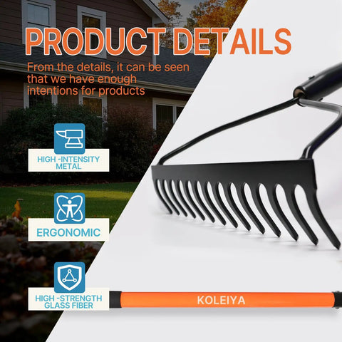 Close-up of Heavy Duty Garden Bow Rake With 14 Tine And 57 Inch Fiberglass Handle featuring steel head and ergonomic design.