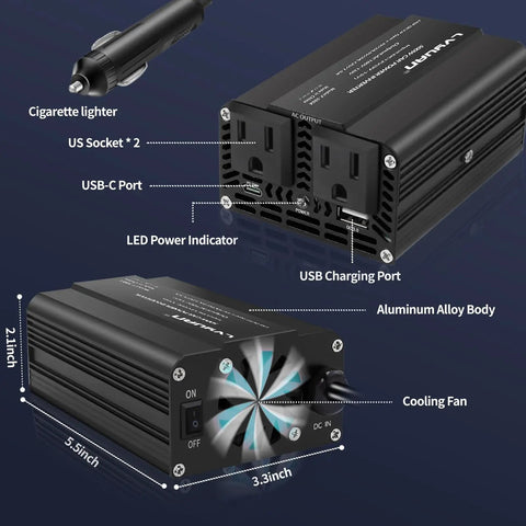 Road Warrior Approved 500 Watt Power Inverter For Cars Converting DC 12V To 110V AC with USB ports and cooling fan design.