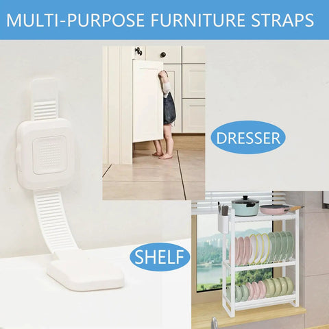 Heavy Duty No Drill Furniture Anchors For Baby Proofing With Upgraded Adhesive Straps on dresser and shelf for child safety.