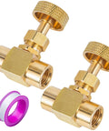 Two brass needle valve adapters with knurled caps, gold finish, 1/4 in NPT female x 1/4 in NPT female connections.