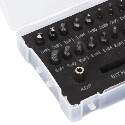22 Piece Broken Bolt Remover Kit And Damaged Screw Extractor Set Made Of High Speed Steel For Effortless Removal Of Stripped Hex Screws With Two Drill Bit Holders Built Tough To Last Through Any Gnarly Mechanic Job. HSS extractors in labeled case