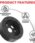 Heavy Duty 10 Piece Steering Wheel Adapter Kit For Quick Bolt Right On 6 To 3 Hole Hub Conversion And One Inch Height Lift With Included Hardware showing black aluminum spacer with holes.