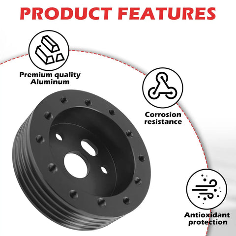 Heavy Duty 10 Piece Steering Wheel Adapter Kit For Quick Bolt Right On 6 To 3 Hole Hub Conversion And One Inch Height Lift With Included Hardware showing black aluminum spacer with holes.