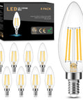 Dimmable E12 Candelabra LED Bulb 60W Equivalent B11 Candle Shape Clear Glass 3000K Soft White 600 Lumens Filament C35 Chandelier Light For US Dimmers Pack Of 8 displayed.