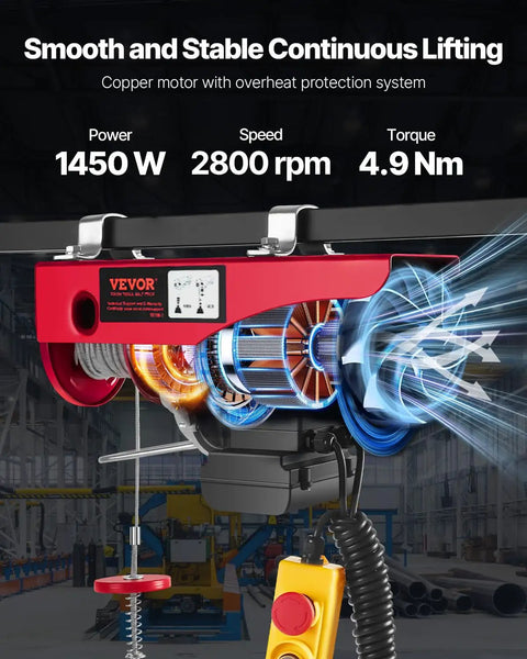 Electric Hoist 1760lbs With 14Ft Wired Remote Control, 110V Lifting System shown with copper motor and remote in operation