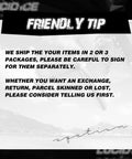 Friendly tip notice about shipping and exchanges with blurred background.