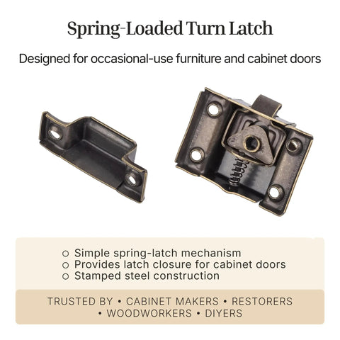 Old-School Vintage Brass Cabinet Door Latch Set With Spring-Loaded Cupboard Latch And Oval Turn, 1 7/8 Inch, Antique Hardware