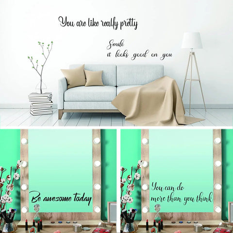 Set Of 7 Inspirational Quote Mirror Decals For Wall Art Featuring Be Amazing Today Be Awesome Today in a living room setting