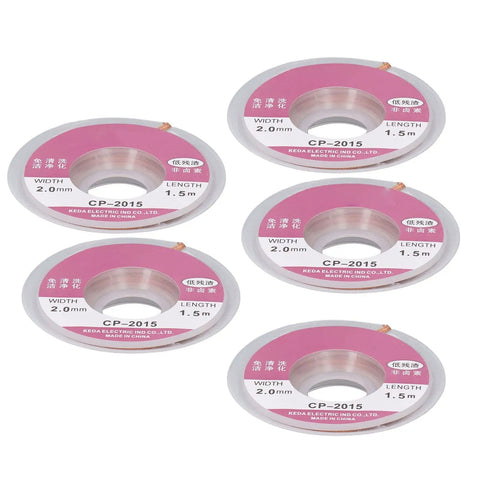 Pro Grade Tin Solder Wick Kit Set Of Five With Red Copper Braid, labeled spools for PCB repair and electronics projects