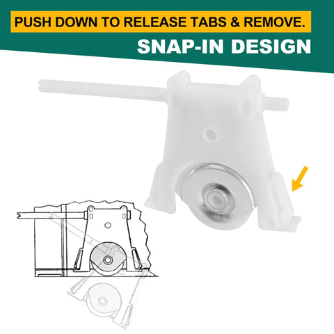 Four Pack Sliding Screen Door Roller Assembly With 1-1/4 Inch Concave Nylon Wheels close-up of snap-in design and release tabs.