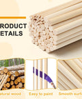 Premium Natural Wooden Dowel Rod Set Includes 80 Assorted Craft Sticks In Multiple Sizes stacked in various lengths and diameters.