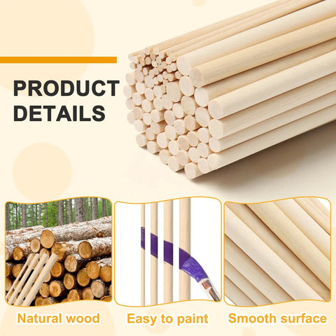 Premium Natural Wooden Dowel Rod Set Includes 80 Assorted Craft Sticks In Multiple Sizes stacked in various lengths and diameters.