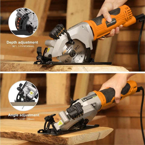 Extbtfor orange corded power circular saw with laser guide; 4.8A, 4000 RPM, includes 3x 4-1/2in blades.