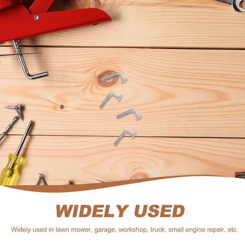 Heavy Duty Pallet Rack Clips Pack M5 Safety Pins For Shelving Units on wooden surface with tools, iron metal with silver finish