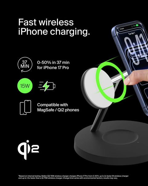 MagSafe Compatible 3 In 1 Wireless Charging Station with iPhone on sleek black dock showing Qi2 15W fast charge, 40W power base.