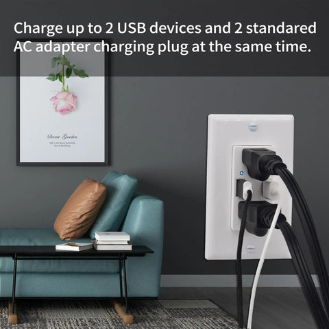 Twenty Pack White 15 Amp Tamper Resistant Wall Outlet With Dual 4.2A USB Ports 21W in a modern living space charging devices.