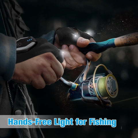 LED Flashlight Gloves For Men Dad Gift Night Work Gear With Illuminated Fingers being used for fishing
