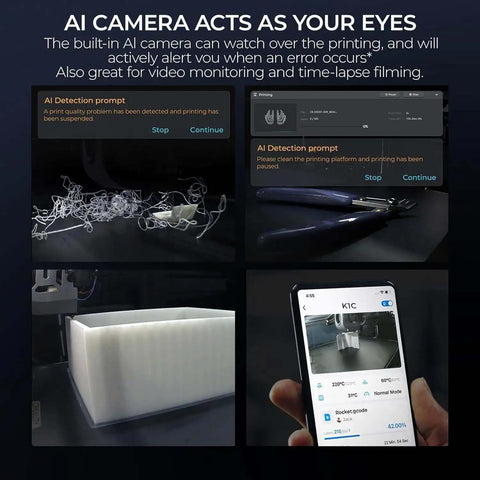 AI camera interface on K1C 3D Printer Crazy Fast CoreXY System With 600 Millimeters Per Second Print Speed And 20000 Millimeters Per Second Squared Acceleration.