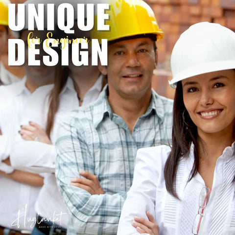 Group of engineers with hard hats smiling, showcasing unique design options for Engineer Gift Throw Blanket For Mechanical Electrical And Computer Pros Cozy Flannel Throw For Men 65 X 50 Inches Black Nerd Approved Comfort After Long Code Sprints And Late Night Builds