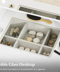 Girls 20 Inch Vanity Desk With Lighted Mirror And Charging Station, visible glass top with organized cosmetics in compartments