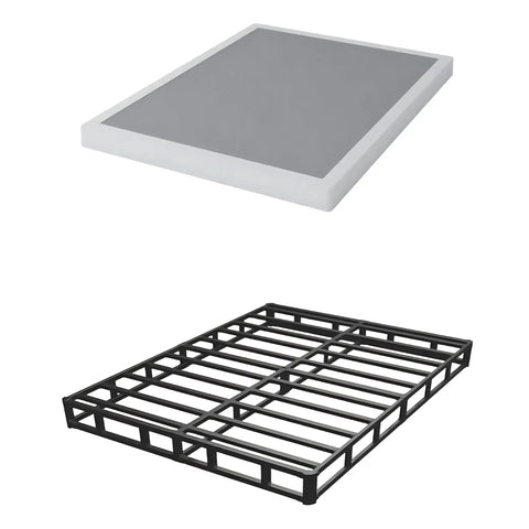 Rock Solid Heavy Duty 3 Inch Low Profile Full Size Box Spring Replacement Mattress Foundation with black steel slats and gray top.