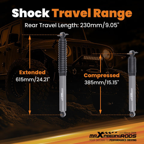 0-3 Inch Rear Shock Absorbers For Jeep Wrangler JK JKU 2007 2018 G1 Upgraded Version - Shock Travel Range at 9.05 inches