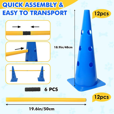 Backyard Dog Agility Training Set With Height Adjustable Crossbar, 12 Detachable Poles And 6 Tall Cones, quick setup image