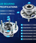 Two Pack Front And Rear Wheel Bearing Hub Assembly With ABS For 5 Lug Vehicles Compatible With 2010-2017 GMC Terrain 2010-2017 Cadillac XTS CTS 2010-2017 Chevy Equinox Malibu Impala Saab Nine Five showing specifications and dimensions