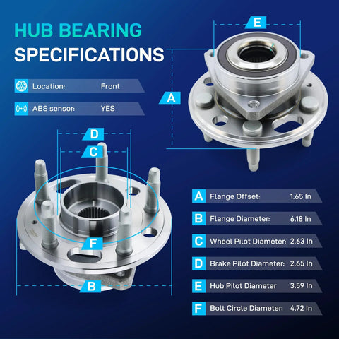 Two Pack Front And Rear Wheel Bearing Hub Assembly With ABS For 5 Lug Vehicles Compatible With 2010-2017 GMC Terrain 2010-2017 Cadillac XTS CTS 2010-2017 Chevy Equinox Malibu Impala Saab Nine Five showing specifications and dimensions