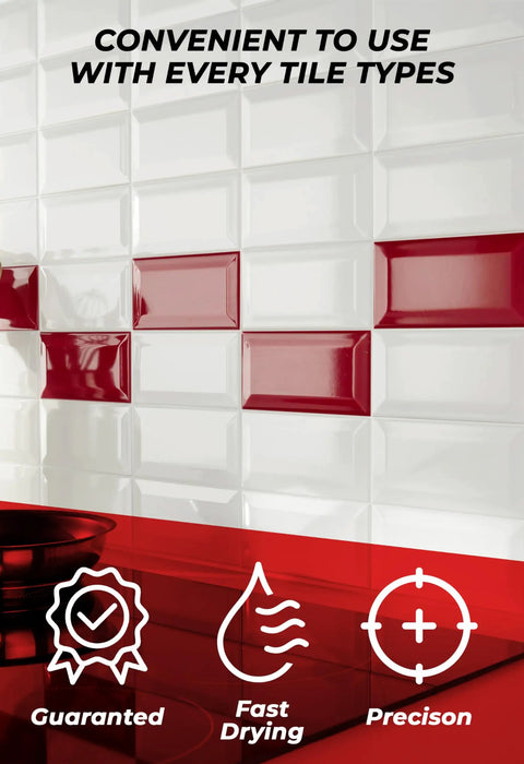 Red and white tiled wall illustrating ease of use with Grout Repair Kit White 8.8 Oz Quick Dry Tile Grout Filler Tube Restore And Seal