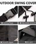 Close-up of features on all-weather waterproof outdoor swing cover with lashing rope, adjustable drawstring, smooth zipper, air vent.