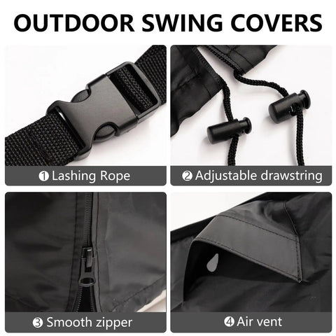 Close-up of features on all-weather waterproof outdoor swing cover with lashing rope, adjustable drawstring, smooth zipper, air vent.
