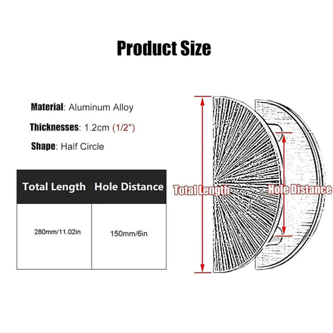 Black Half Moon Door Handles Double Sided Push Pull Bar size chart with dimensions for barn and glass doors.