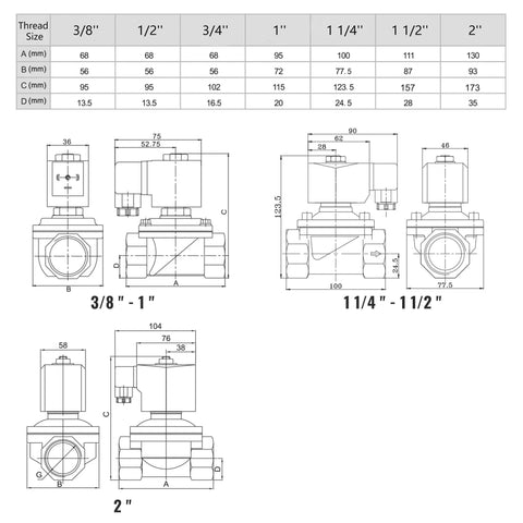 Technical diagram for Half Inch Brass Solenoid Valve, 110V To 120V AC, Normally Closed, 10 Bar, Half Inch NPT Thread.