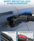 Portable Tesla To J1772 EV Charging Adapter With 60 Amp Output And Rugged Ip65 Weatherproofing Featuring A Secure Safety Lock for secure connection.