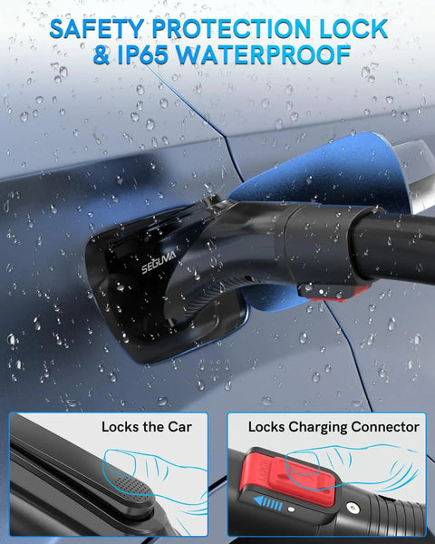 Portable Tesla To J1772 EV Charging Adapter With 60 Amp Output And Rugged Ip65 Weatherproofing Featuring A Secure Safety Lock for secure connection.
