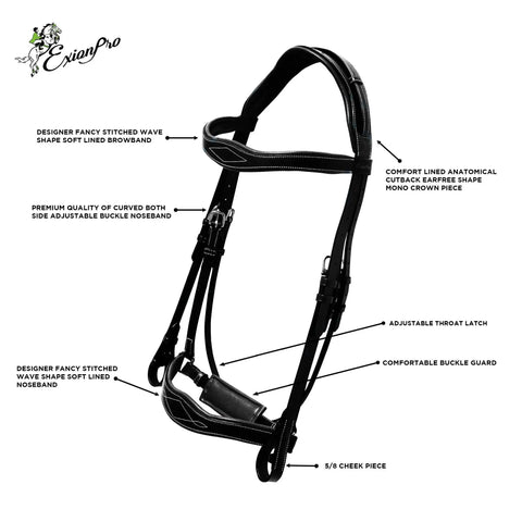 Dressage Bridle With Web Reins And Hand Stoppers Broad Anatomical Crownpiece Crank Noseband Wave Browband