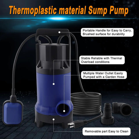Submersible Sump Pump 1100W High Flow 4000 GPH for pool pond rooftops drainage with hose and UL wire