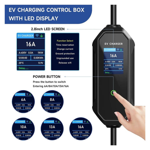 Portable Type Two Ev Charging Station with LED display control box showing 16A settings and function options.