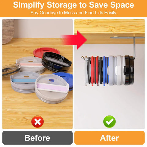 Before and after use of Durable Tumbler Lid Organizer Two Pack Featuring Space Saving Under Cabinet Hangers For All Cups.