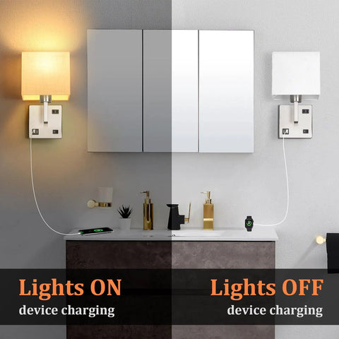 Set of 2 Wall Sconces With USB Port And AC Outlet, Nickel Finish Bedside Lamps, lights on and off, 3 color temperatures