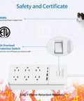 Two Prong To Six Outlet Power Strip With Ten Foot Extension Cord 2100J Surge Protector 1875W safety features highlighted