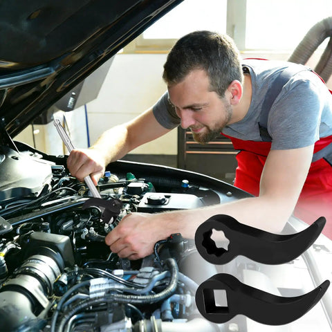 Mechanic using Pry Bar Wrench Adapter Head Set For Half Inch Square Drive with indexing crowbar adapter for car repair.